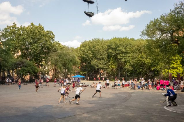 The Black Top Street Hockey league in Tompkins Square Park in the space they share with skateboarders.